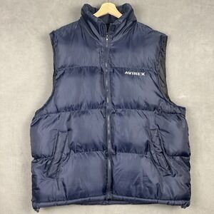 Avirex Puffer Vest Men's 2XL Blue Full Zip Embroidered Logo‎ Spell Out Hood